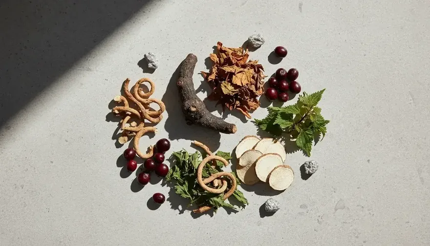 Dried roots, leaves and small berries spread on a white table