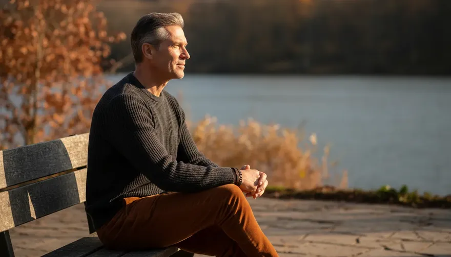 A man sitting alone on a wooden bench by a lake