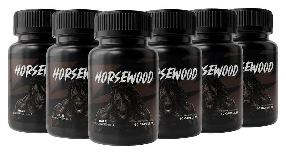 Six black HORSEWOOD bottles in a fanned group, the 6-bottle pack
