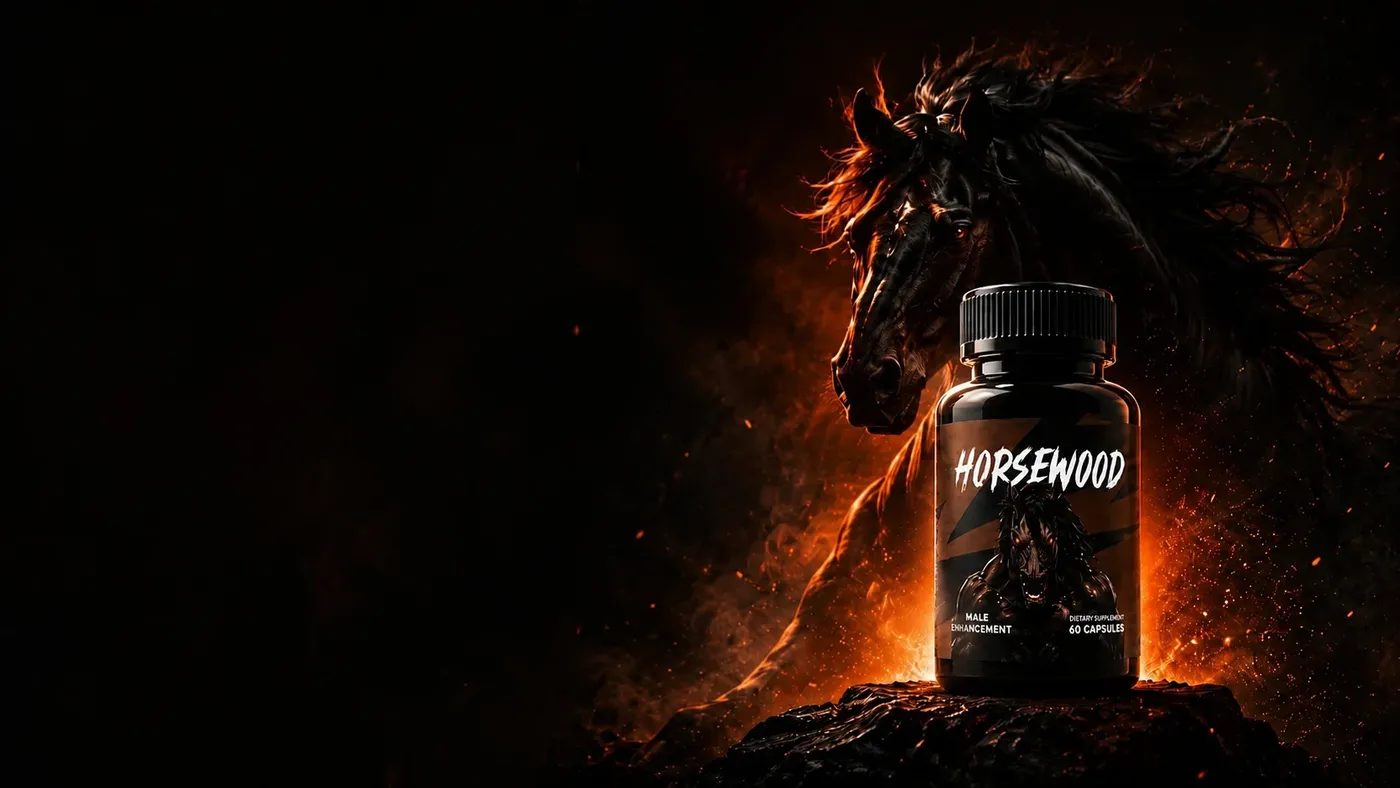 Horsewood bottle standing on a rock in front of a fiery horse head artwork