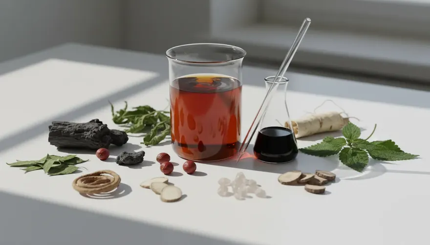 Glass beaker of amber herbal tea surrounded by dried roots and green leaves on a white surface