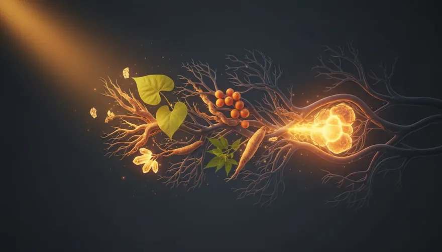 Glowing illustration of leaves and roots drawn in warm yellow light