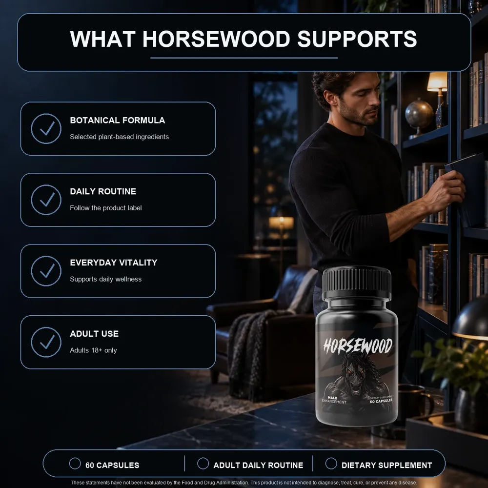 Seller graphic of a model by a bookcase holding the Horsewood bottle, with tiles for botanical formula, daily routine, everyday vitality and adult use