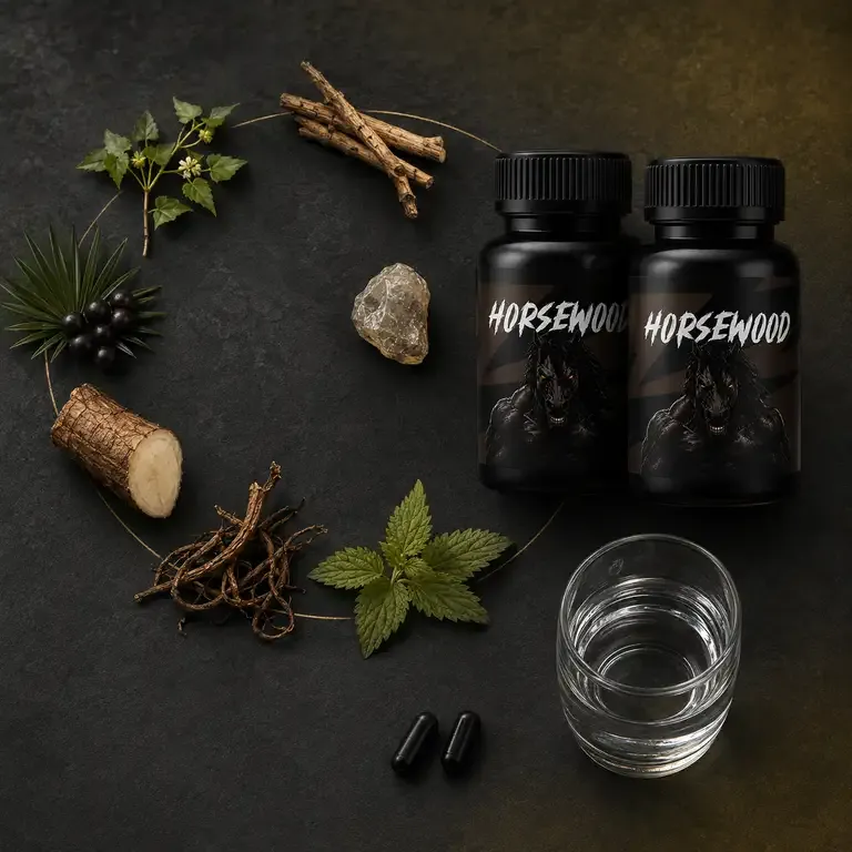 Two Horsewood bottles on a table beside loose capsules, a glass of water, dried roots and green leaves