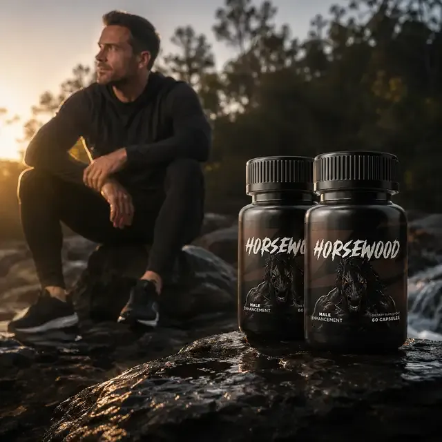 A man sitting on a rock at sunset with two Horsewood bottles beside him