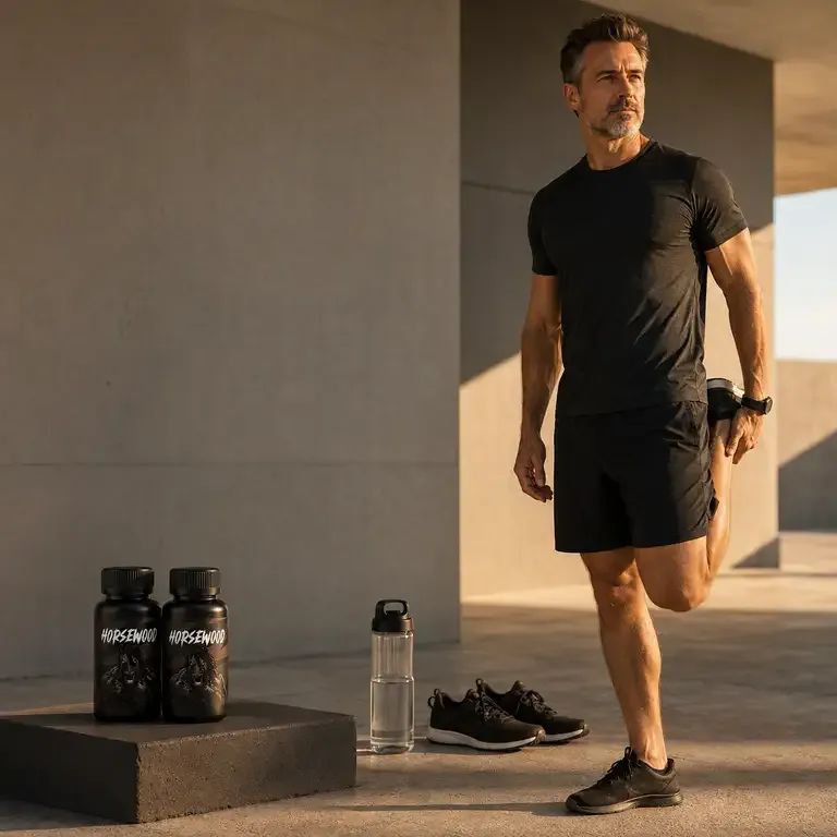 Stock model stretching one leg in a sunlit concrete courtyard, with two Horsewood bottles on a low block, a water bottle and spare sneakers nearby