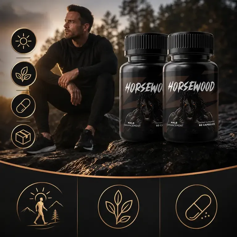 Stock model seated on dark rocks at sunset beside two Horsewood bottles, with gold icons for the sun, leaves, a capsule and a box