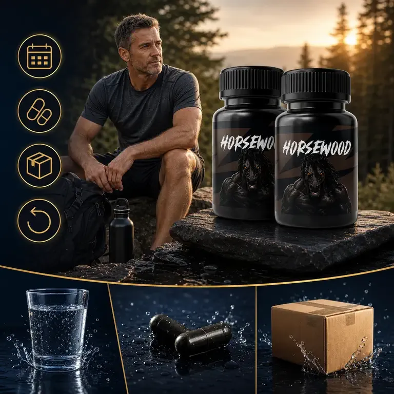 Man standing by a forest with two Horsewood bottles, a glass of water and a shipping box