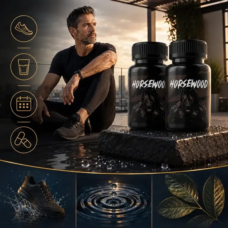Stock model seated on a city rooftop terrace at dusk beside two Horsewood bottles on a wet stone block, with icons for a sneaker, a glass of water, a calendar and capsules
