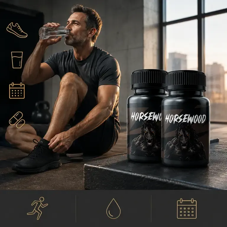 A man drinking a glass of water at a gym with two Horsewood bottles on the bench