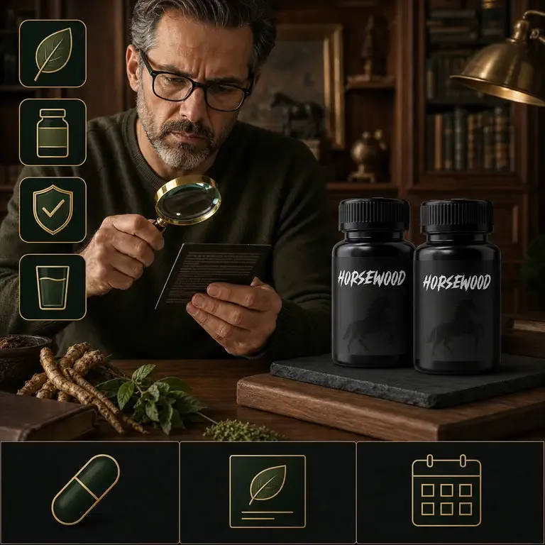 A man reading a supplement label through a magnifying glass beside two bottles